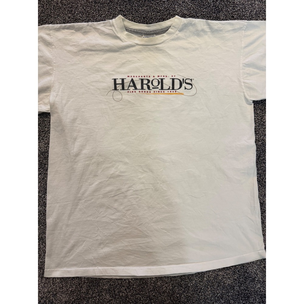 Vintage Harolds Graphic T-Shirt Single Stitch White Cotton Mens XL Fine Goods